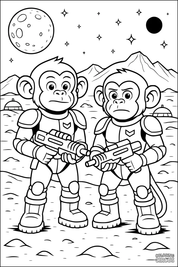 Coloring page of two cartoon monkeys in space suits holding ray guns on a moon landscape with stars and domes in the background