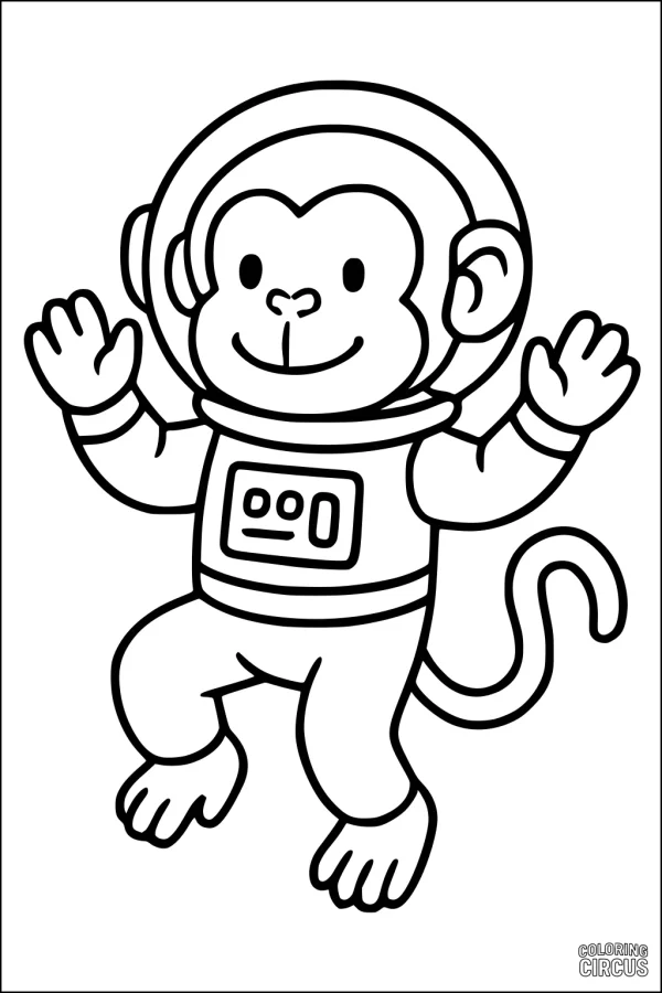 Coloring page showing a smiling monkey in a spacesuit enjoying zero gravity