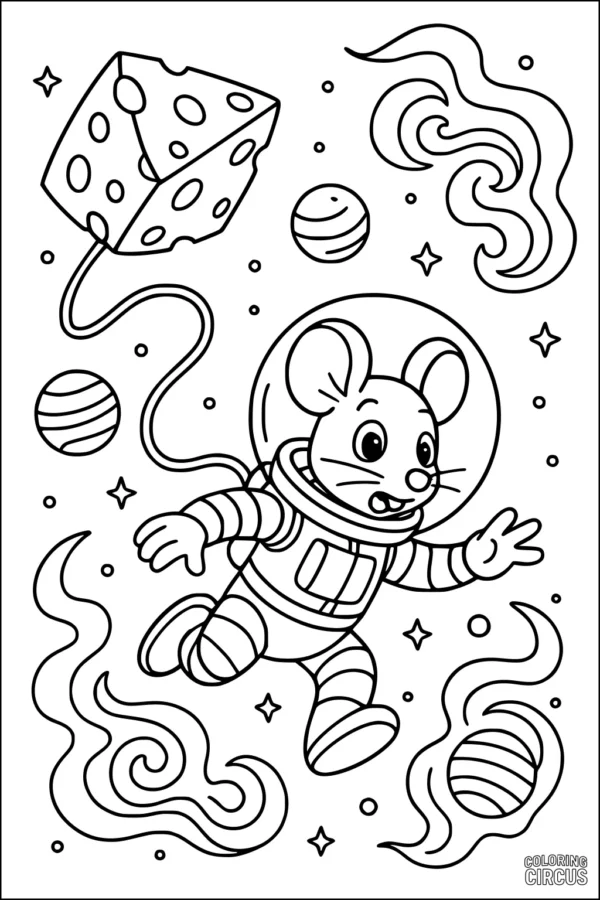 Coloring page showing a cartoon mouse in a spacesuit floating in space with planets, stars, swirls, and a cheese-shaped spaceship