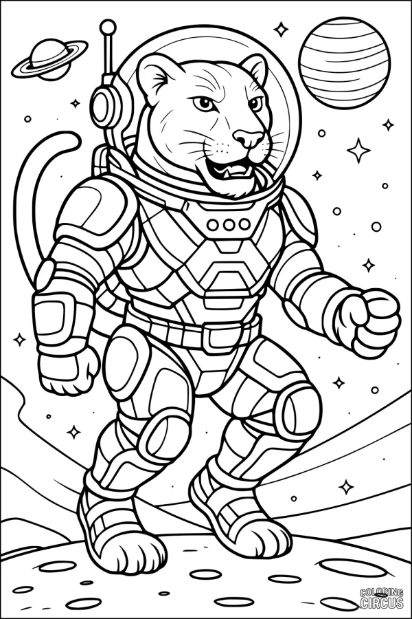 Coloring page of a panther in a space suit walking on a moon with stars and planets in the background