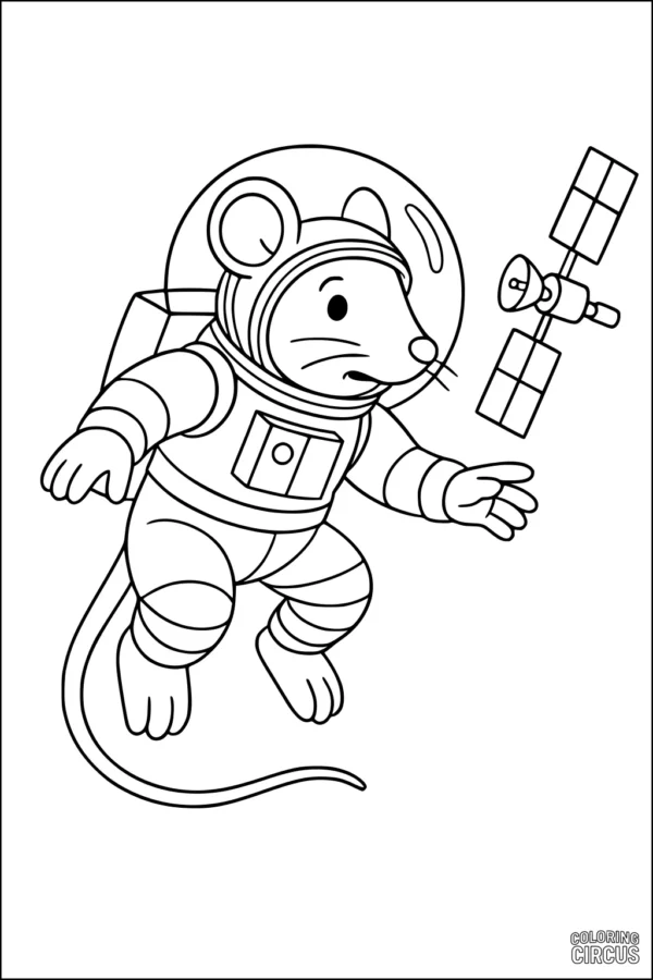 Coloring page of a cartoon rat in a spacesuit floating in space with a satellite