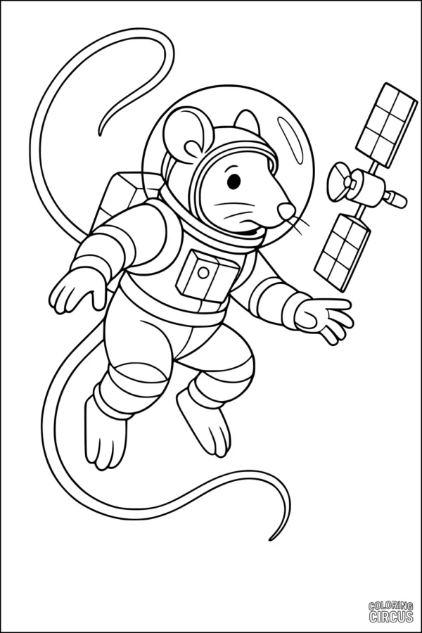 Coloring page showing a cartoon rat in an astronaut suit floating near a satellite