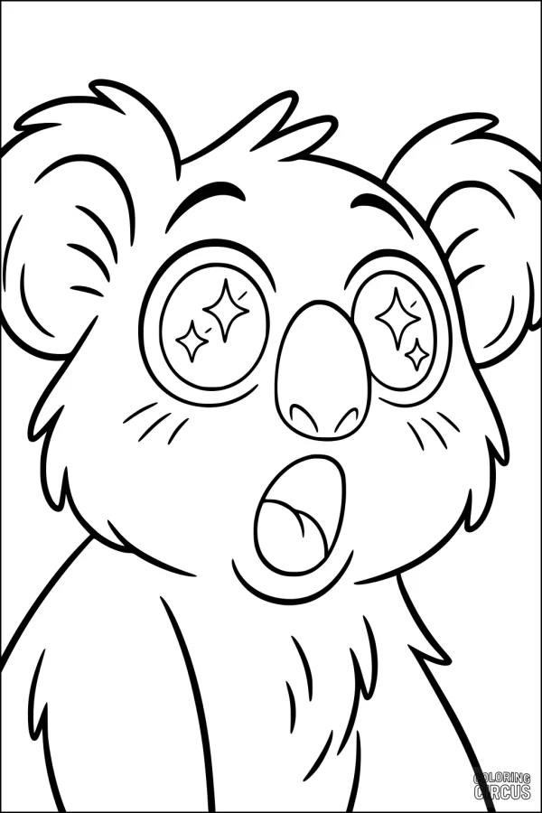 Coloring page cute koala with sparkling eyes, cartoon style, simple lines