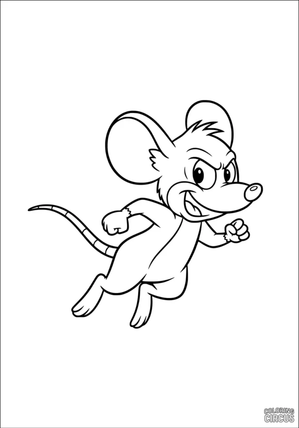 Coloring page of an energetic cartoon mouse running with a big smile