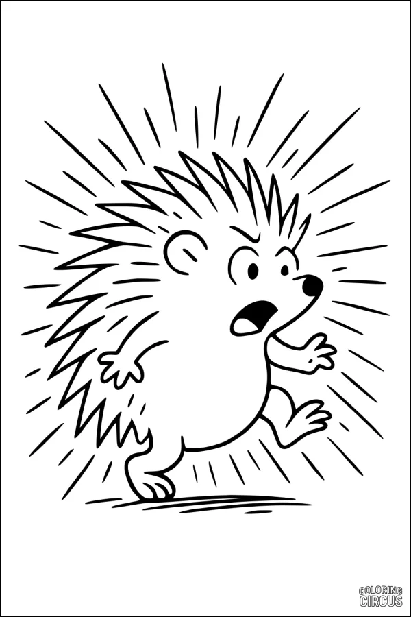 Coloring page featuring a cartoon hedgehog with spiky fur looking surprised