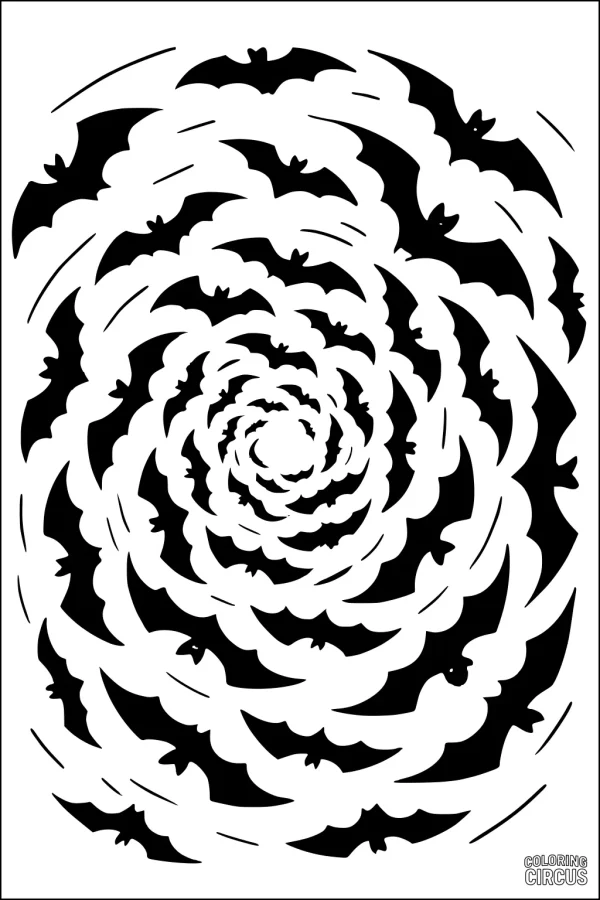 Coloring page featuring swirling spiral of bats flying in concentric circles