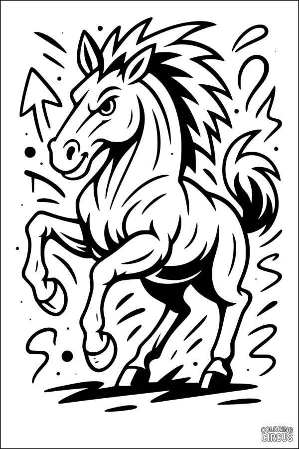 Coloring page featuring a lively cartoon horse rearing up with flowing mane and playful patterns in the background.