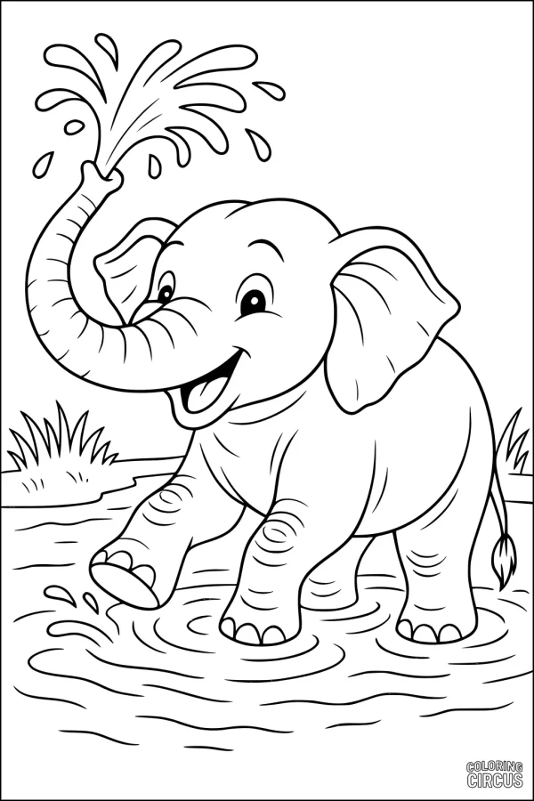 Coloring page of a happy cartoon elephant splashing water with its trunk in a pond