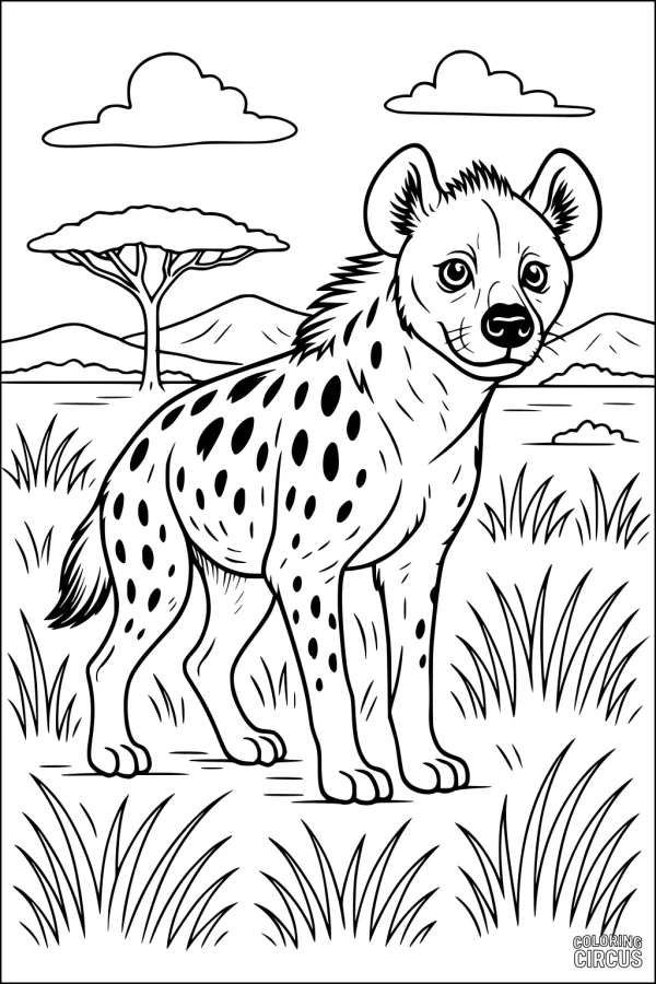 Coloring page showing a friendly spotted hyena standing in African savanna with trees and mountains in background