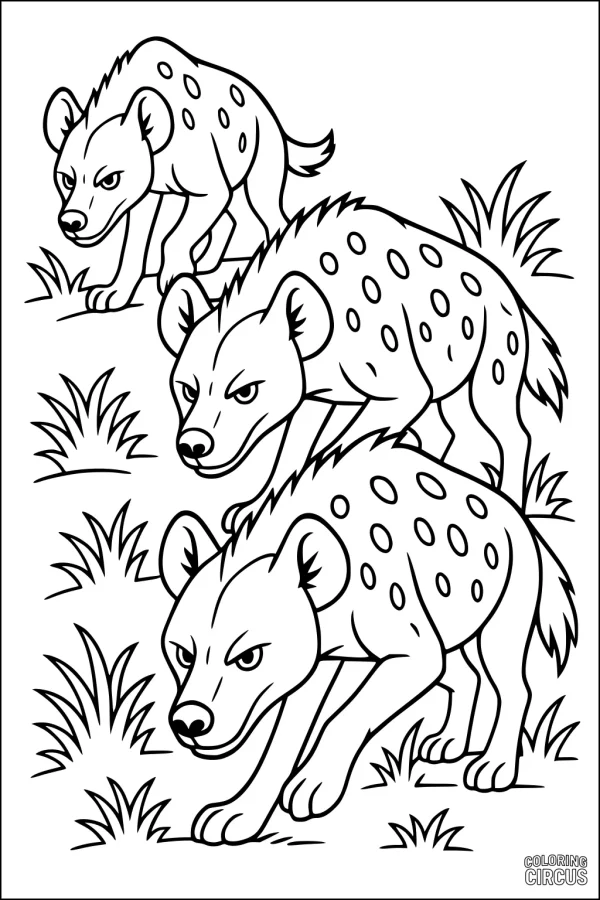 Coloring page with three cartoon hyenas walking through savanna grass