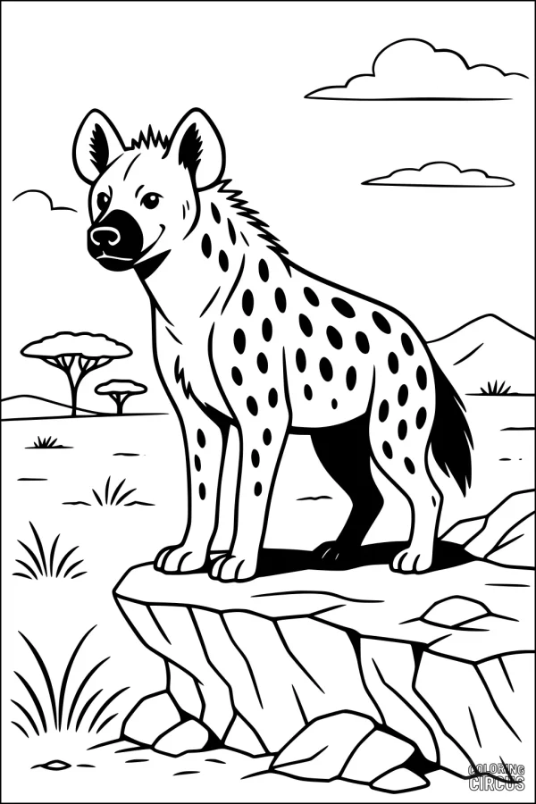 Coloring page of a spotted hyena standing on a rock in an African savanna with trees, grass, and clouds in the background