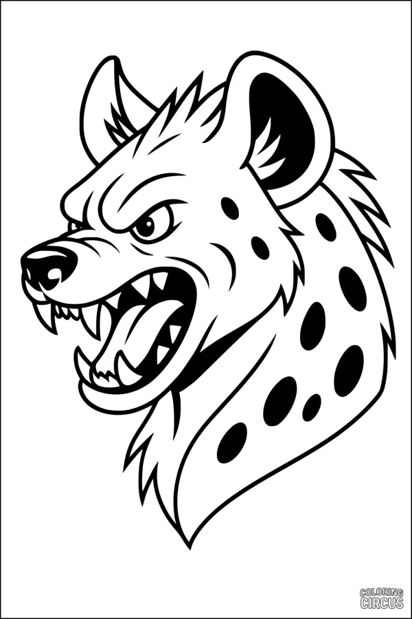 Coloring page featuring a cartoon hyena head with open mouth and bold spots