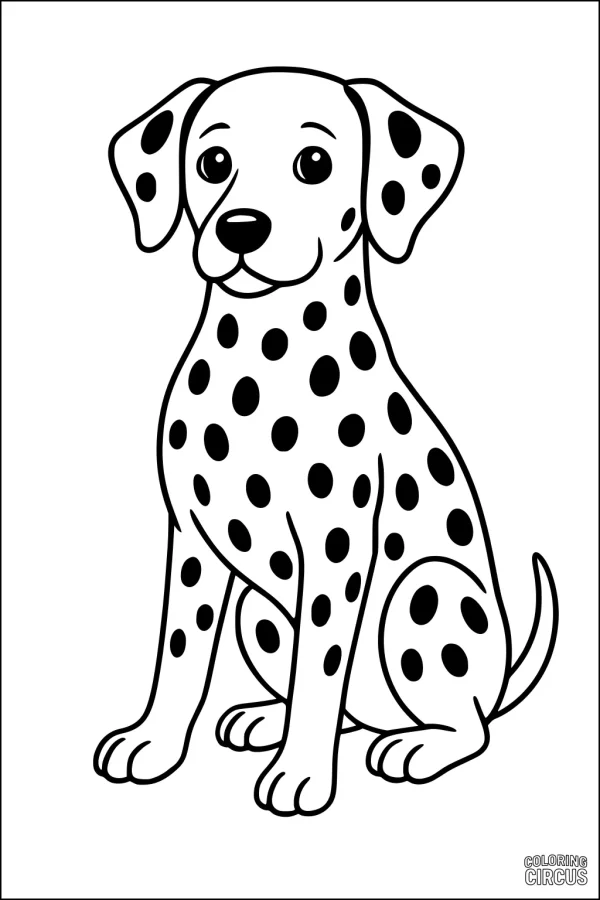 Coloring page of a cute cartoon Dalmatian dog with black spots, sitting and smiling.