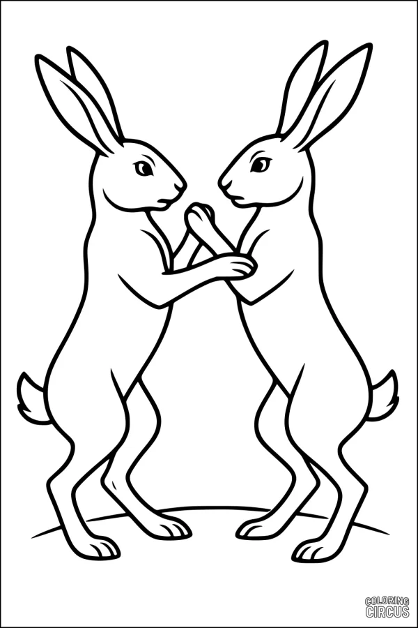 Coloring page with two hares standing face to face, suitable for children