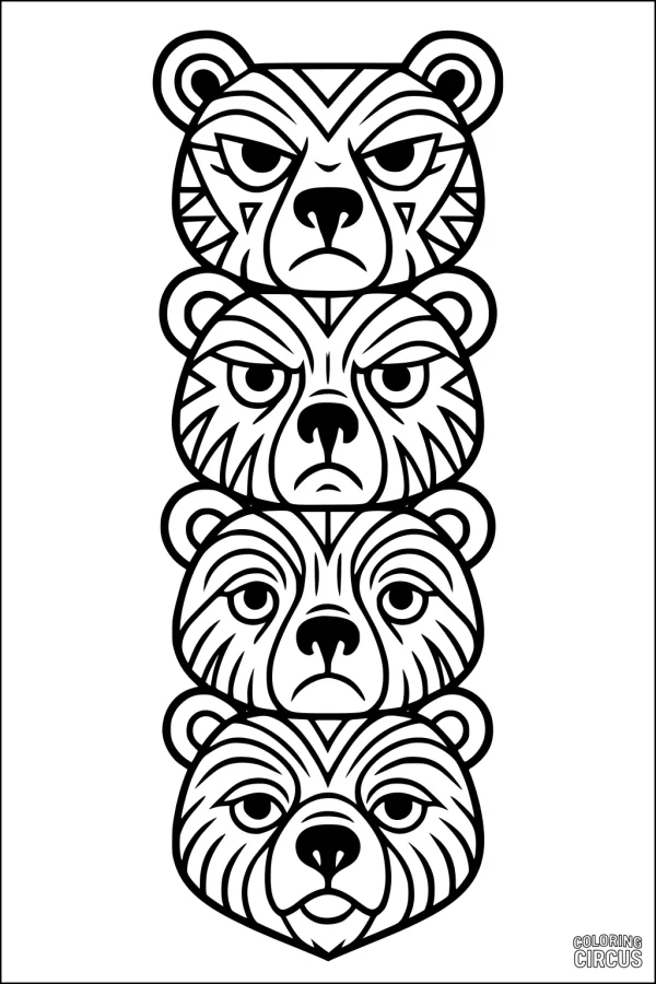 Coloring page with four stacked bear heads, each decorated with geometric pattern lines