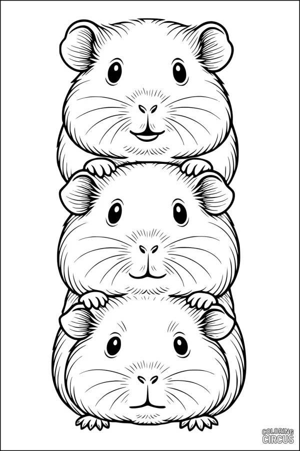 Coloring page featuring three stacked cute guinea pigs