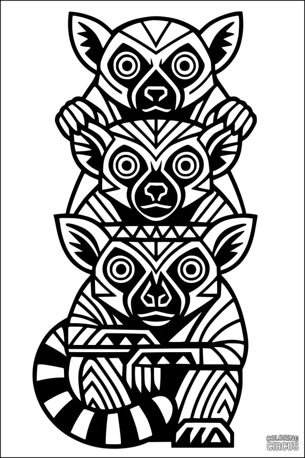 Coloring page with three stacked lemurs featuring bold geometric patterns and stripes