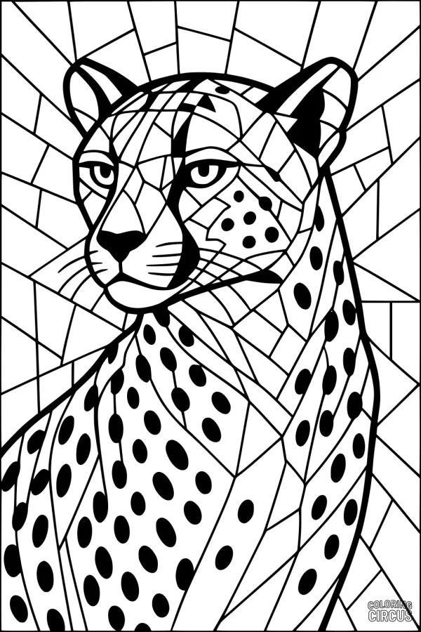 Coloring page showing a detailed stained glass style cheetah with sunbeam background