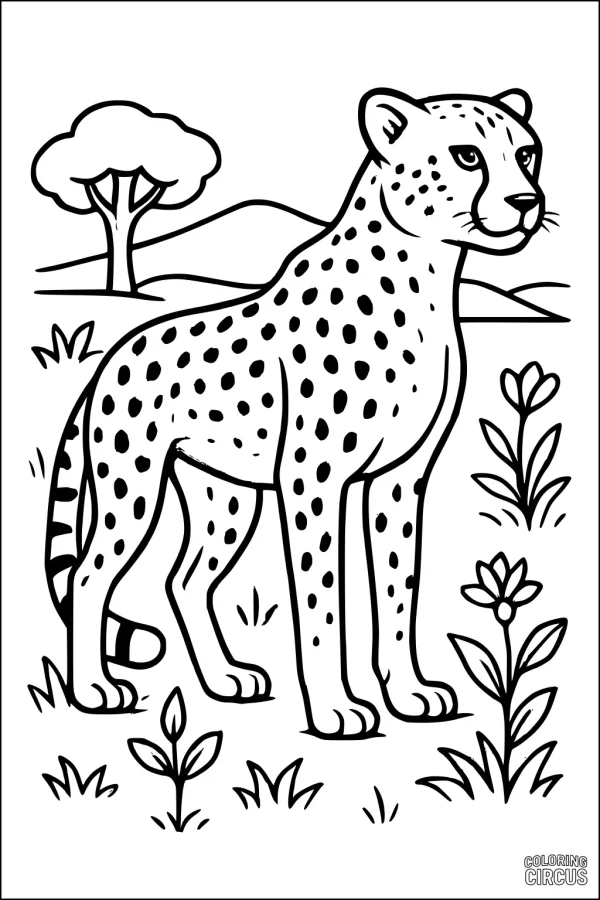 Coloring page of a cheetah standing in grass with flowers and a tree in the background