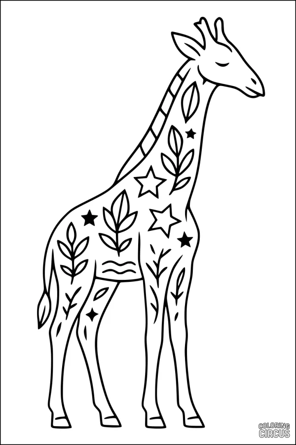 Coloring page of a giraffe decorated with stars and leaves for children