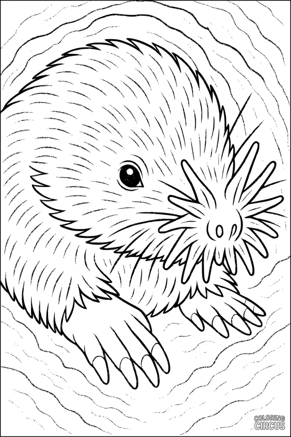 Coloring page of a star-nosed mole in a tunnel with detailed fur and large digging paws.