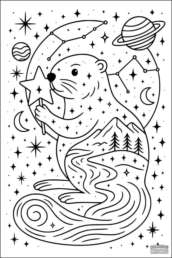 Coloring page featuring a cute beaver with a star wand surrounded by stars, planets, constellations, and a forest scene on its body