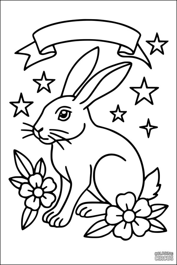 Coloring page featuring a hare sitting with flowers and stars