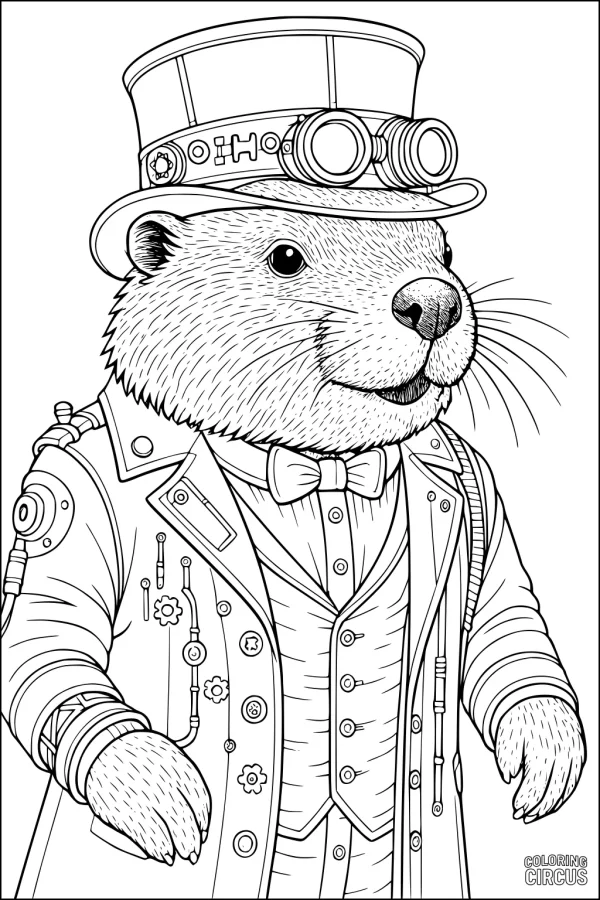 Coloring page of a beaver dressed as a steampunk inventor, wearing a top hat with goggles and a gear-decorated coat.
