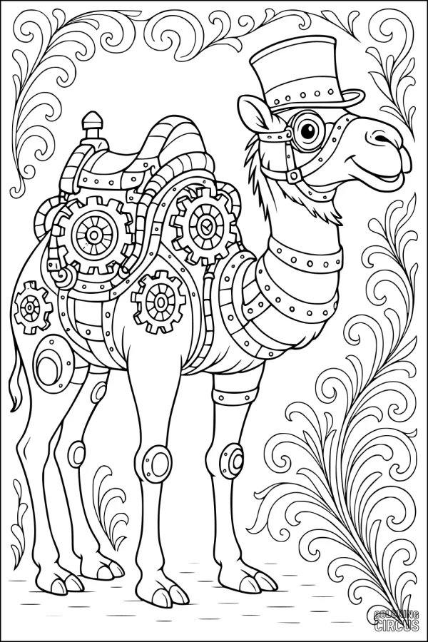 Coloring page featuring a steampunk camel with gears, top hat, and decorative swirls in the background