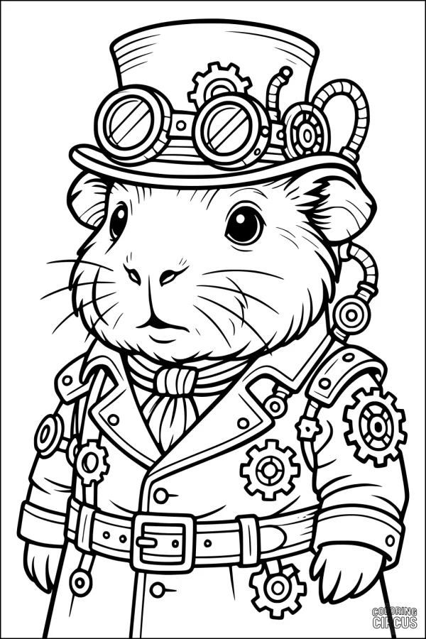 Coloring page of a guinea pig dressed as a steampunk inventor with goggles and gears