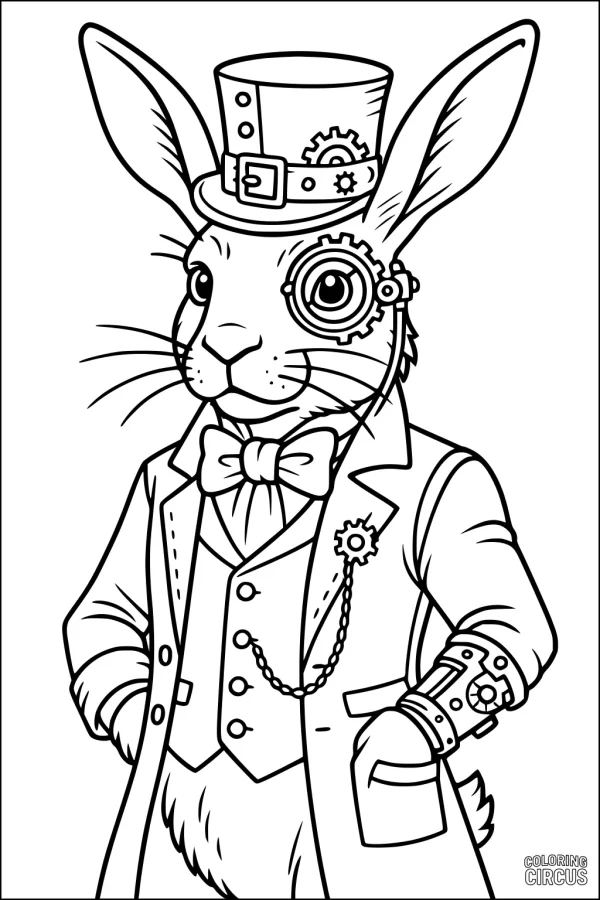 Coloring page of a steampunk hare with hat, monocle, and Victorian clothing