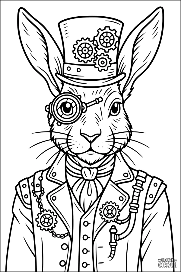 Coloring page featuring a detailed steampunk hare with goggles and gear-adorned clothing