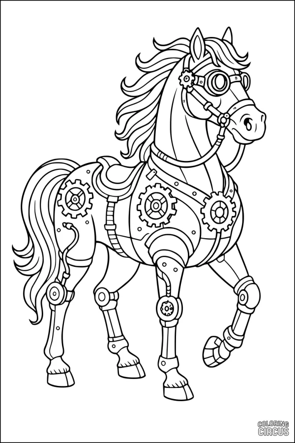 Coloring page featuring a steampunk-inspired horse with gears, goggles, and mechanical details.