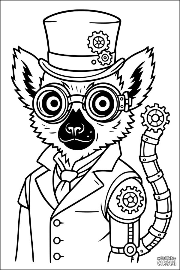 Coloring page of a steampunk lemur with goggles, top hat, and mechanical arm, suitable for children