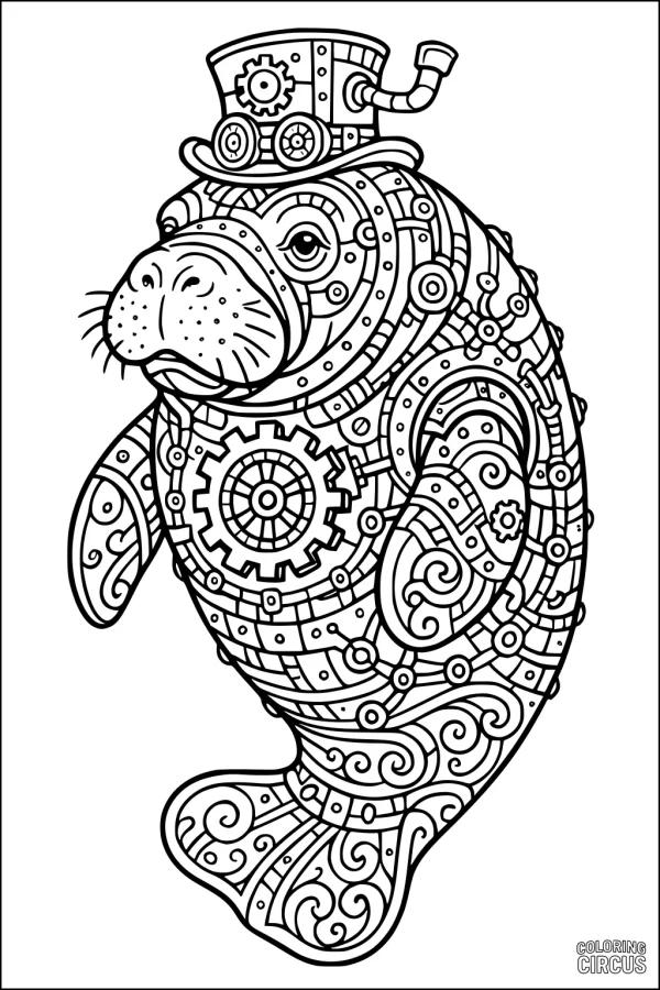 Coloring page of a detailed steampunk manatee with gears and a top hat