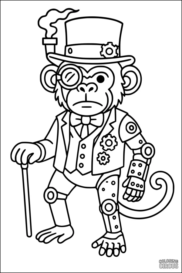 Coloring page of a steampunk monkey inventor with top hat, mechanical arm, gears, and cane