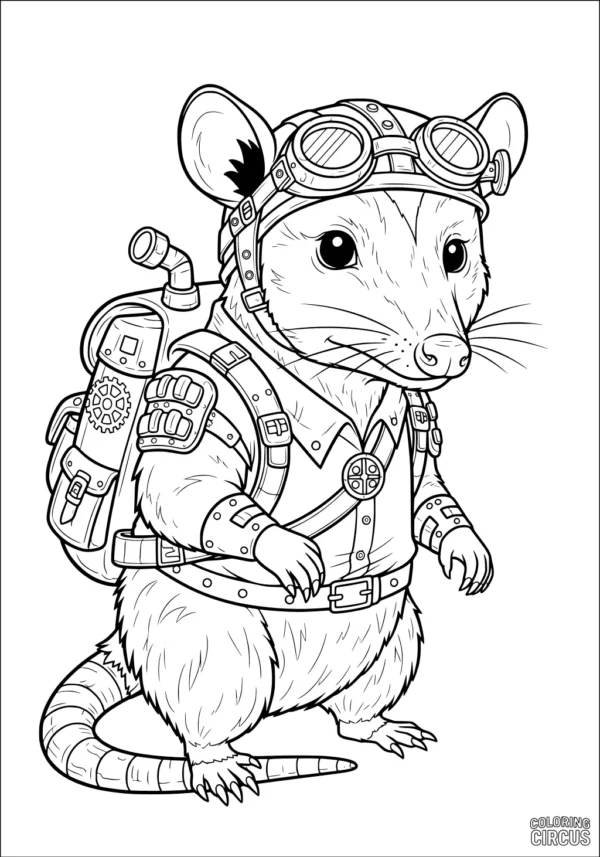 Coloring page of a steampunk-style opossum wearing goggles and a gadget-filled backpack