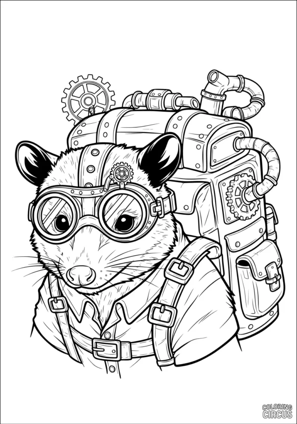 Coloring page of a steampunk opossum wearing goggles and a mechanical backpack