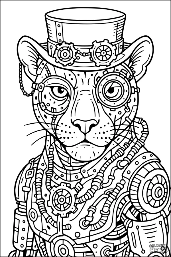 Coloring page steampunk panther with gears, top hat, and intricate mechanical details