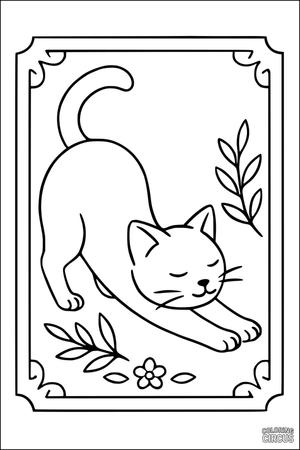 Coloring page shows a cat stretching with plants and a flower