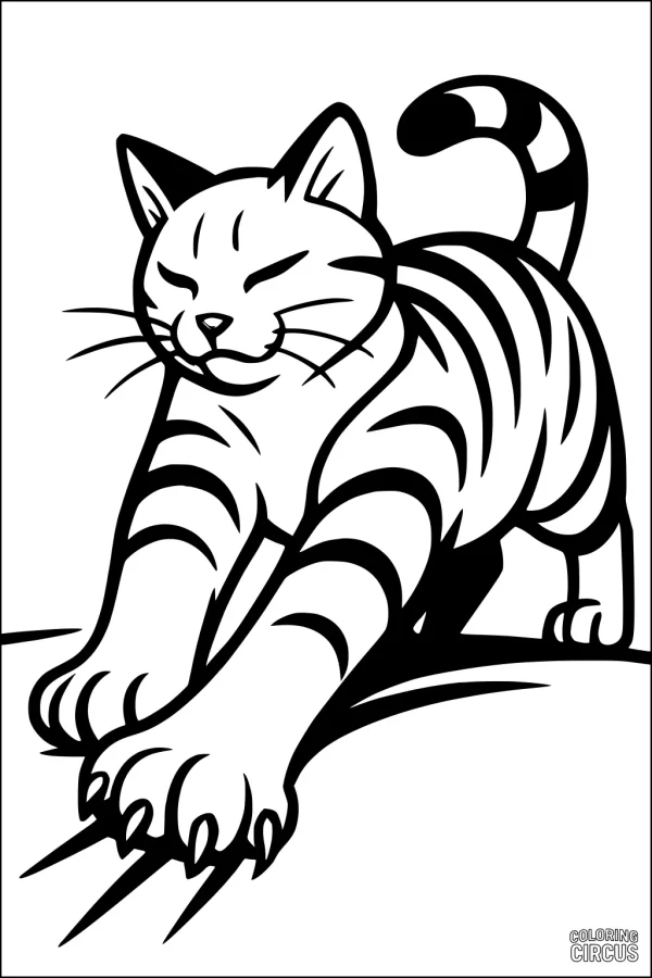 Coloring page of a smiling striped cat stretching with its front paws extended