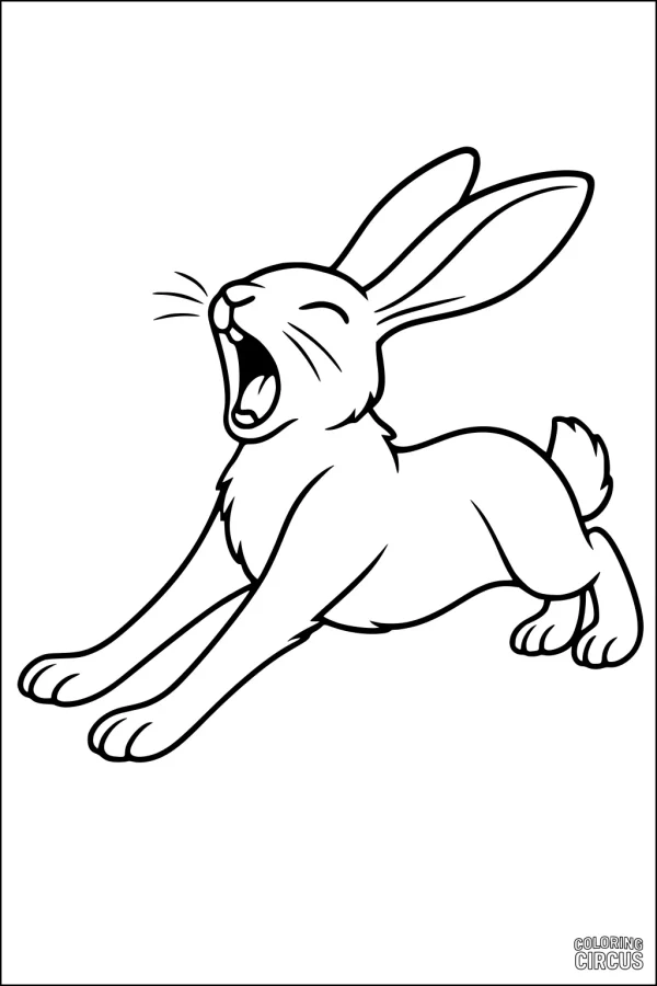 Coloring page showing a cute hare with mouth open wide and front legs stretching forward, perfect for kids and hare enthusiasts