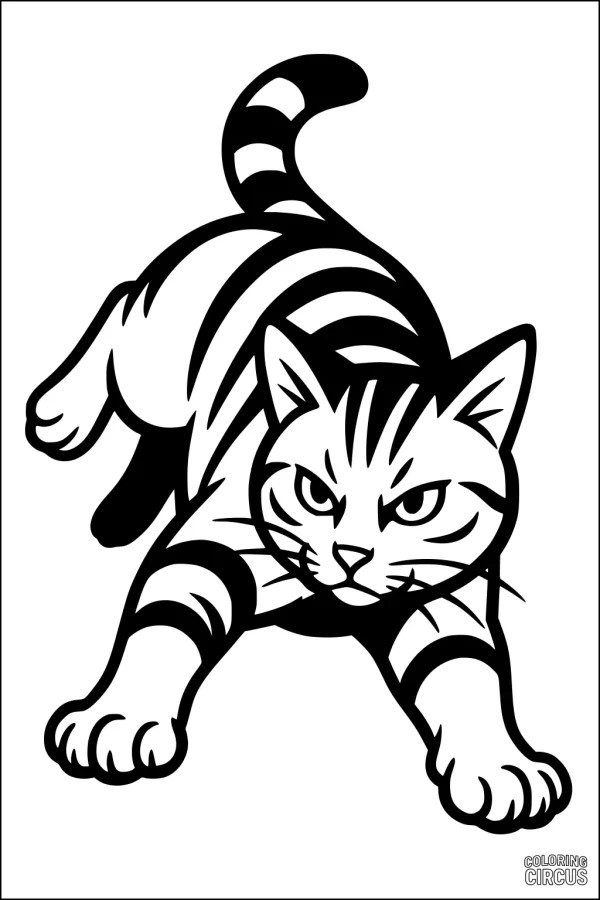 Coloring page of a crouching striped cat, alert and playful