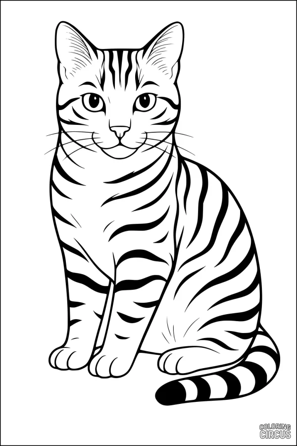 Coloring page of a sitting tabby cat with large eyes and striped fur