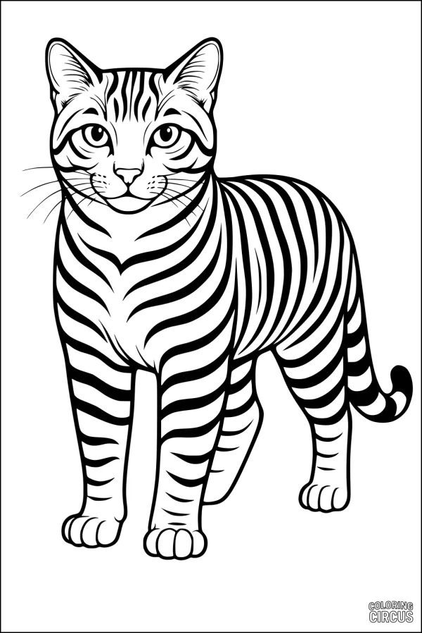 Coloring page featuring a standing striped cat with bold patterns