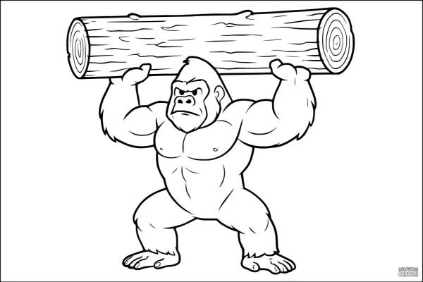 Coloring page featuring a cartoon gorilla lifting a large log overhead
