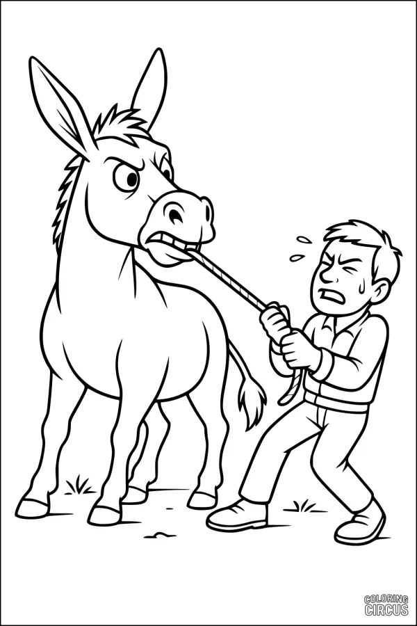 Coloring page of a stubborn donkey and determined boy having a tug-of-war in a field.