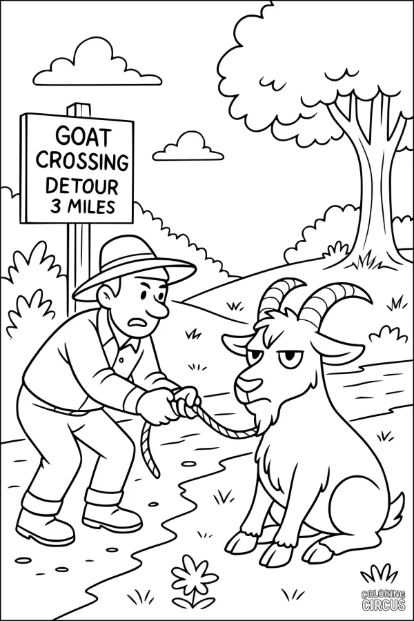 Coloring page showing a farmer and a stubborn goat blocking a country road with a detour sign