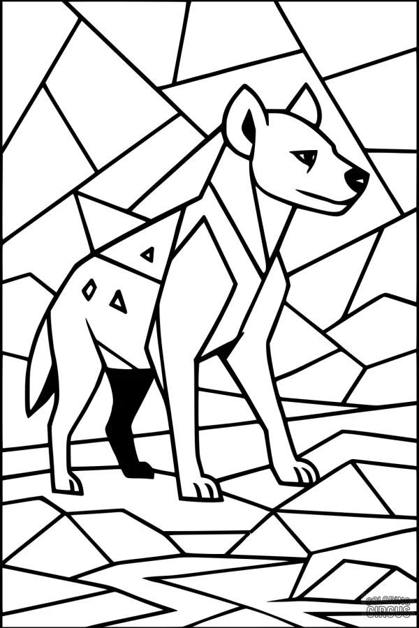 Coloring page featuring a stylized hyena standing in a geometric savanna landscape