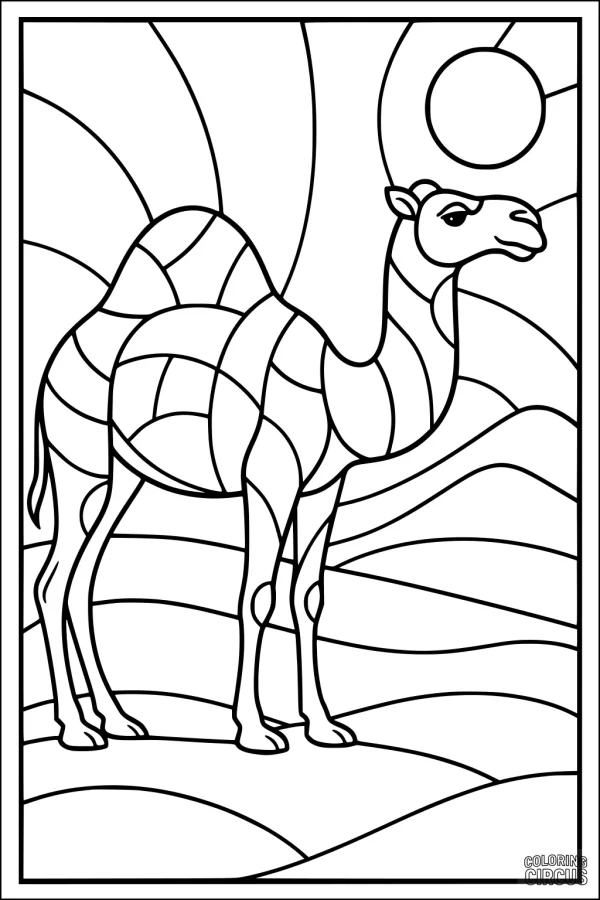 Coloring page with a camel in a patterned desert scene under the sun